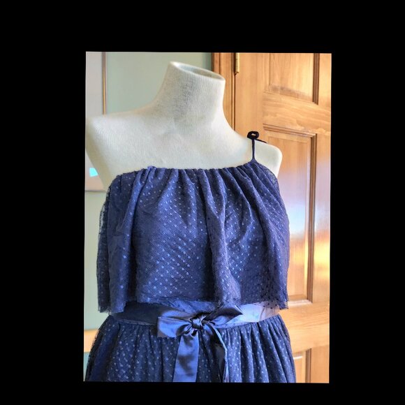 Lulu's Adorable Event Navy Blue Mesh One-Shoulder Swiss Dot Mini Dress - Picture 6 of 15